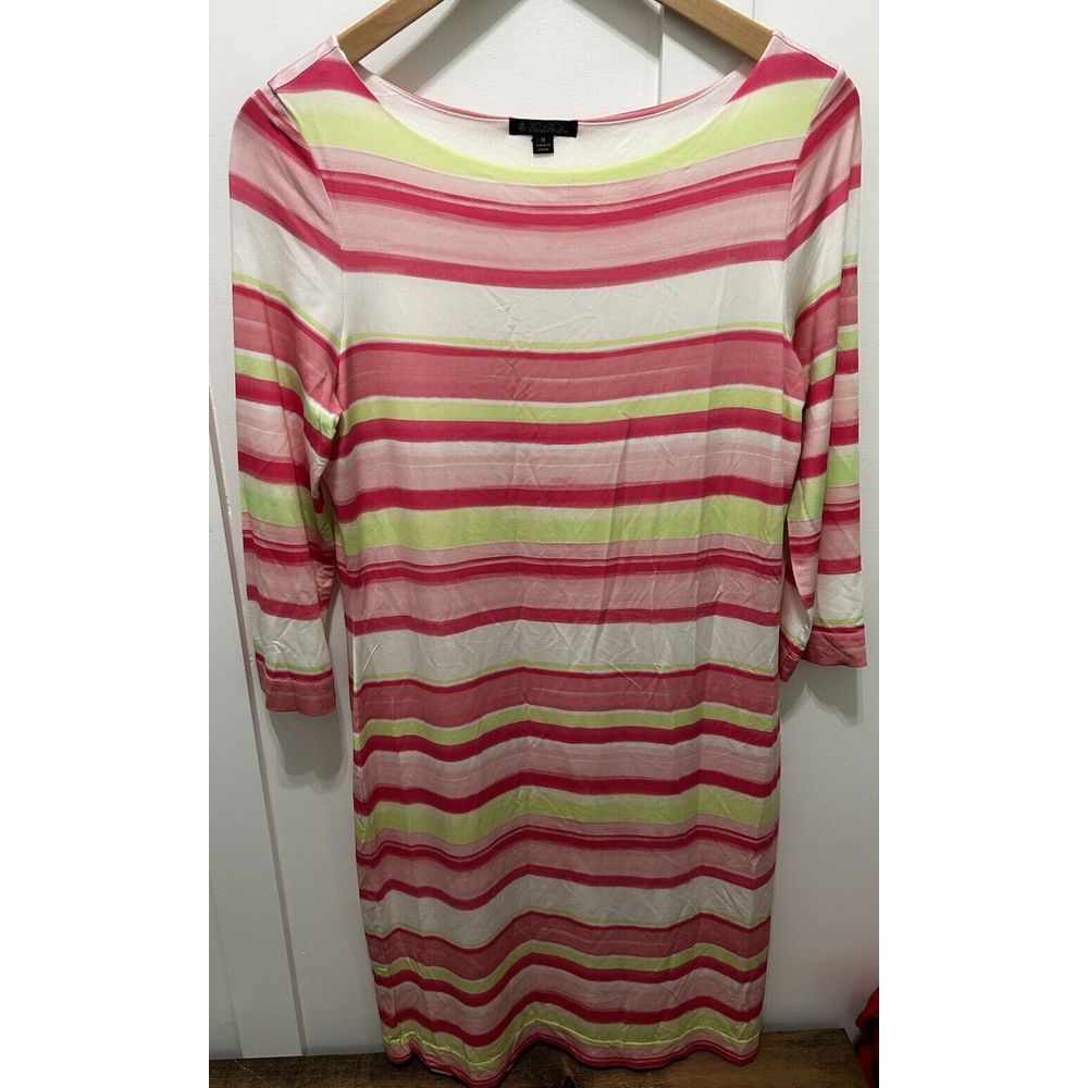 Brooks Brothers Pink Lime Green Striped Boat Neck 3/4 Sleeve Sheath Dress M